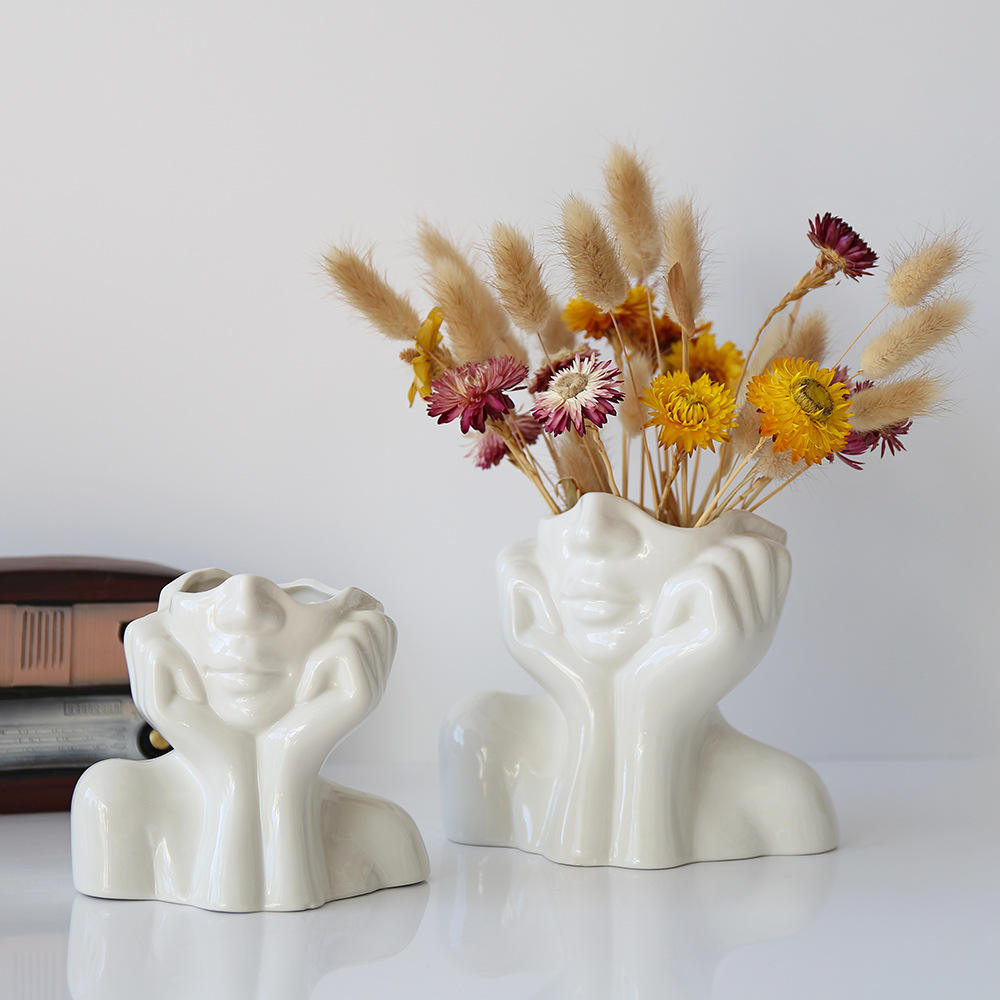 Nordic Creative Living Room Decor Women's Face Body Flower Arrangement Art White Ceramic Vase