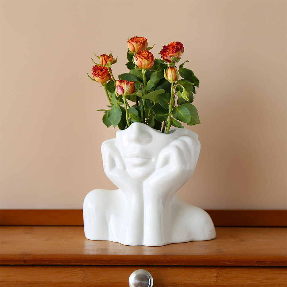 Nordic Creative Living Room Decor Women's Face Body Flower Arrangement Art White Ceramic Vase