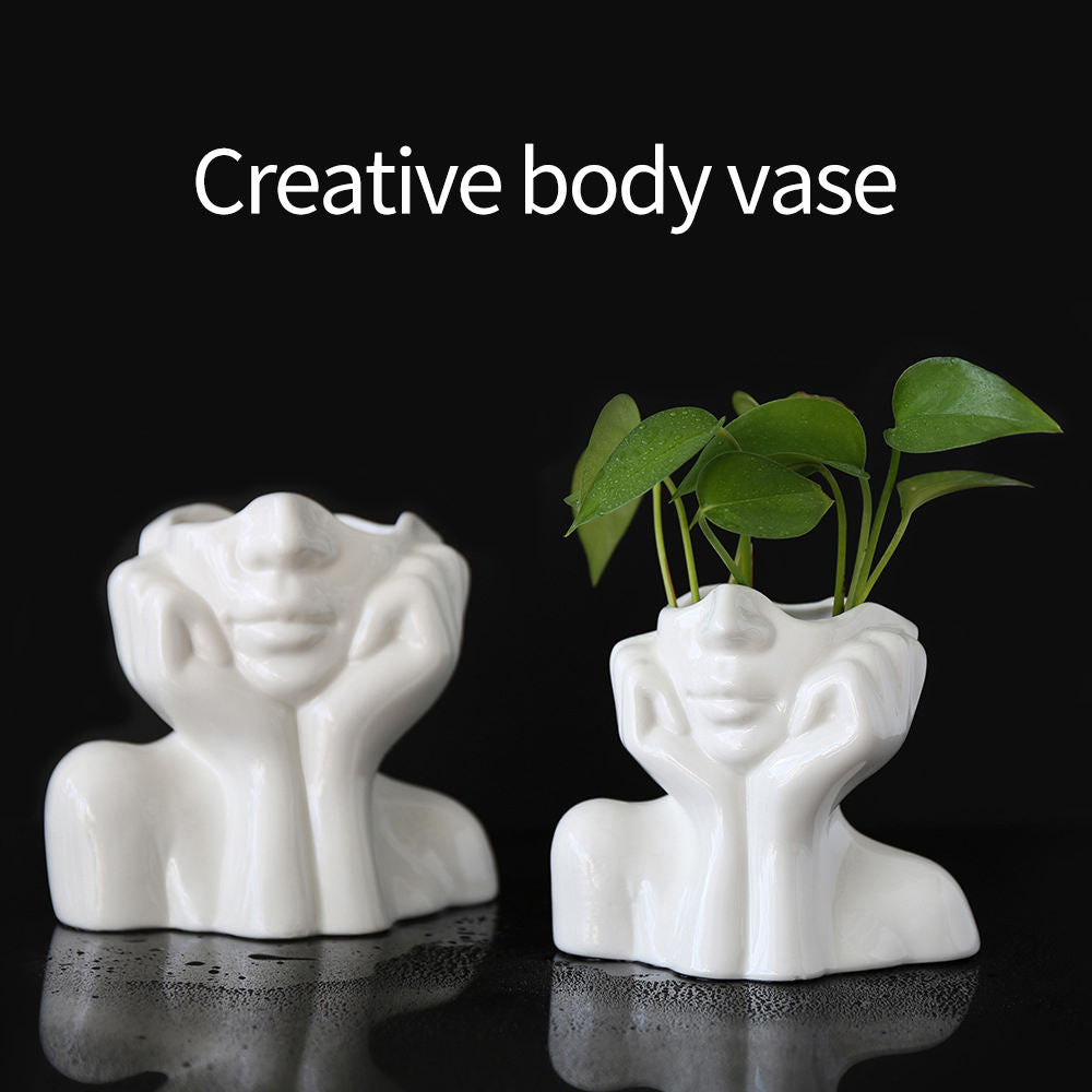 Nordic Creative Living Room Decor Women's Face Body Flower Arrangement Art White Ceramic Vase